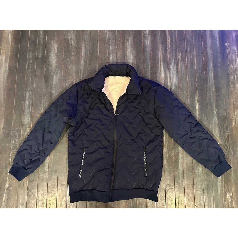 New Sporti Mens Navy Blue Sherpa Lined Quilted Puffer Jacket Hooded Winter Coat - Picture 2 of 3